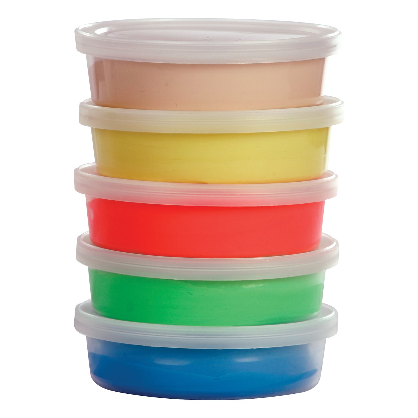 Stacked tubs of AliMed Color-Coded Therapy Putty in beige, yellow, red, green, and blue with clear lids.