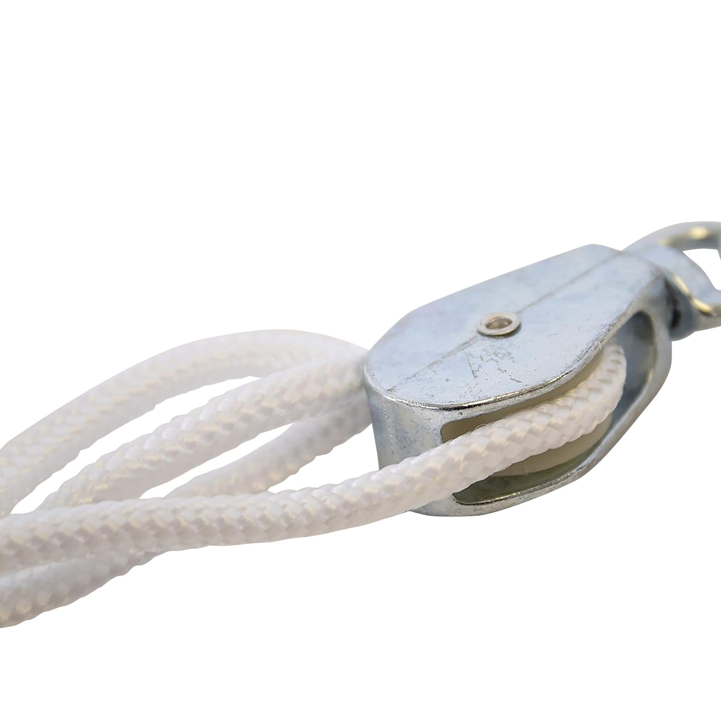 A RangeMaster EconoRanger Shoulder Pulley with a metal housing and a white rope threaded through it designed for shoulder exercises.