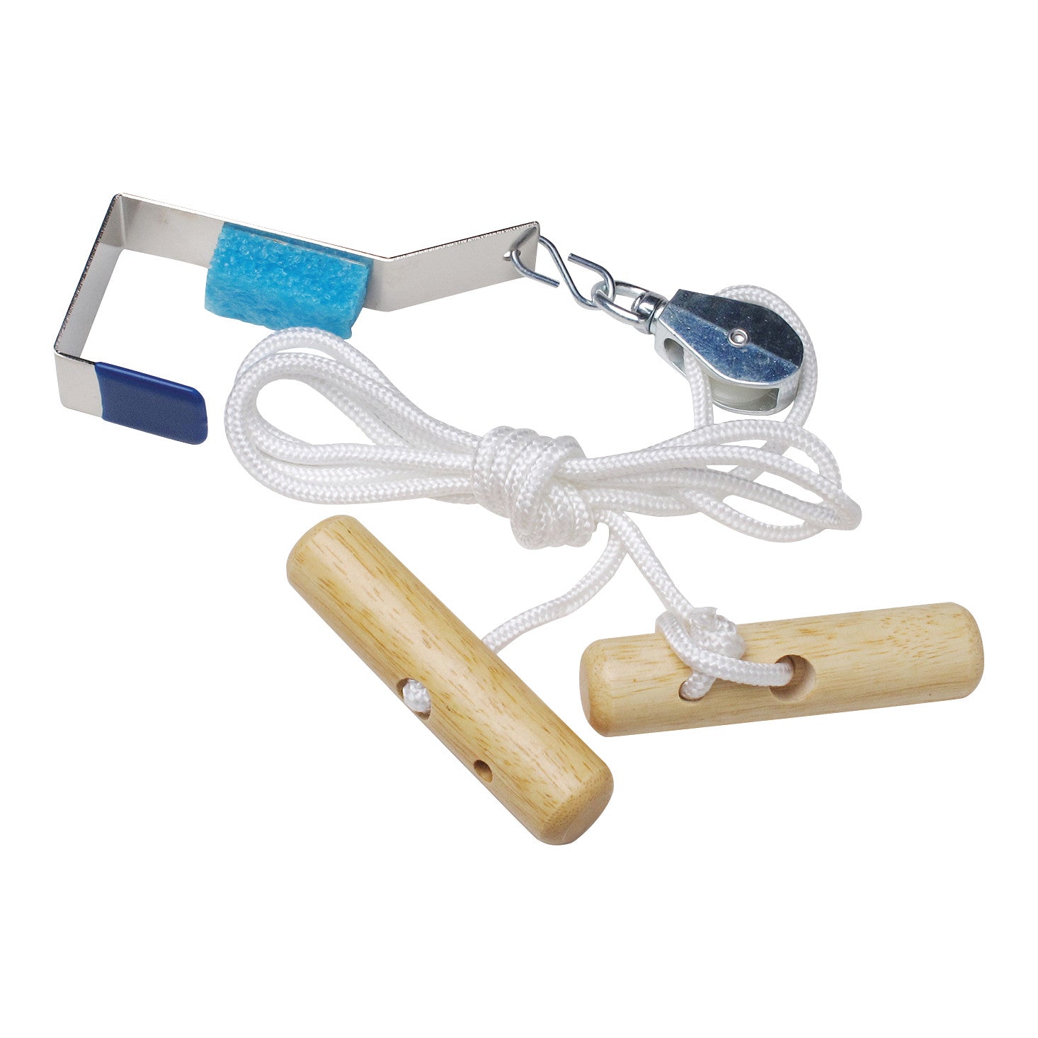 The RangeMaster EconoRanger Shoulder Pulley features a metal bracket, blue foam padding, a rope, pulley, and two wooden handles.