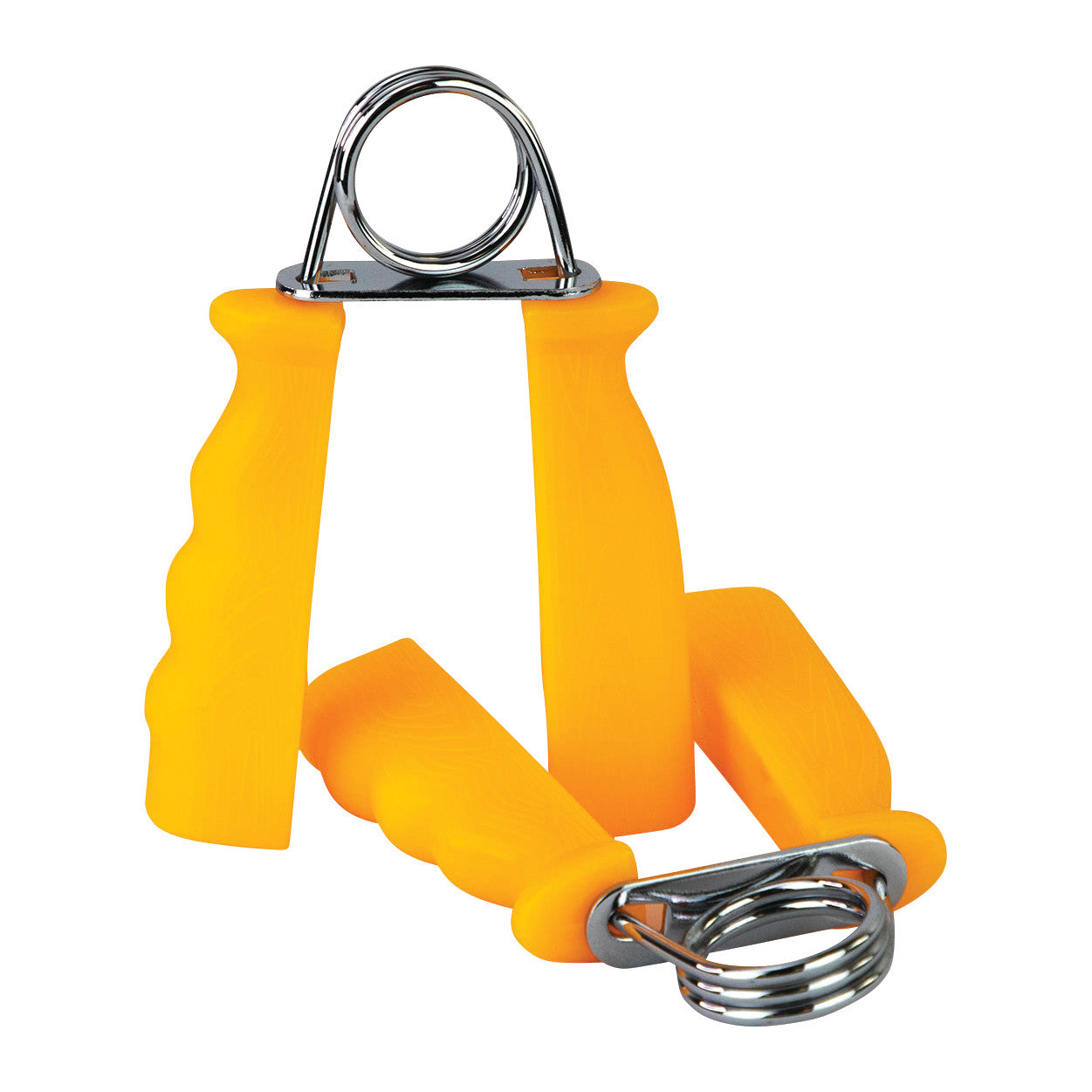 A CanDo Fixed Resistance Grip Exerciser with bright yellow plastic handles and a shiny metal spring, designed for hand strengthening.