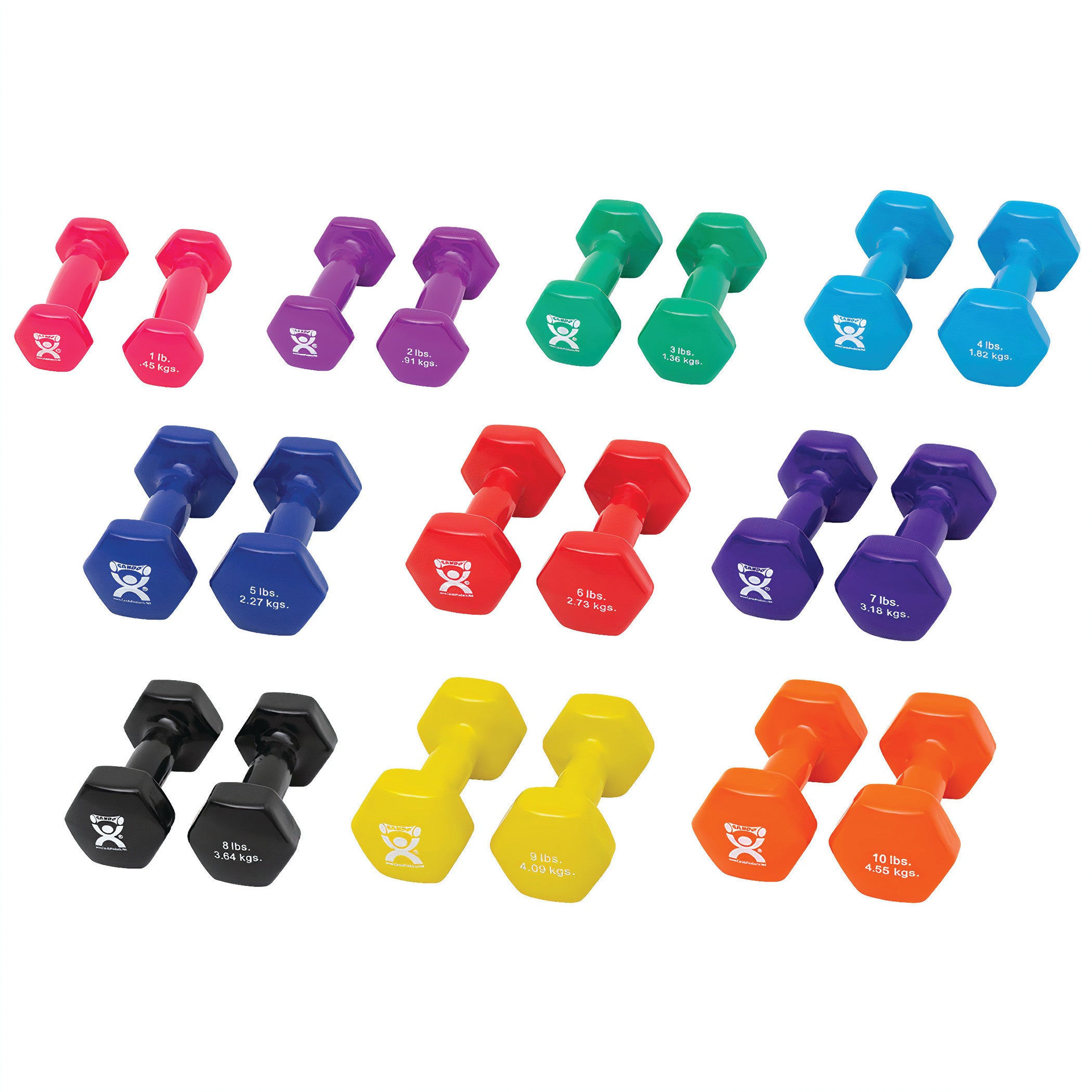 Colorful CanDo Vinyl-Coated Dumbbell Set in different weights, ranging from 1 to 10 pounds. Each pair is distinctively colored.