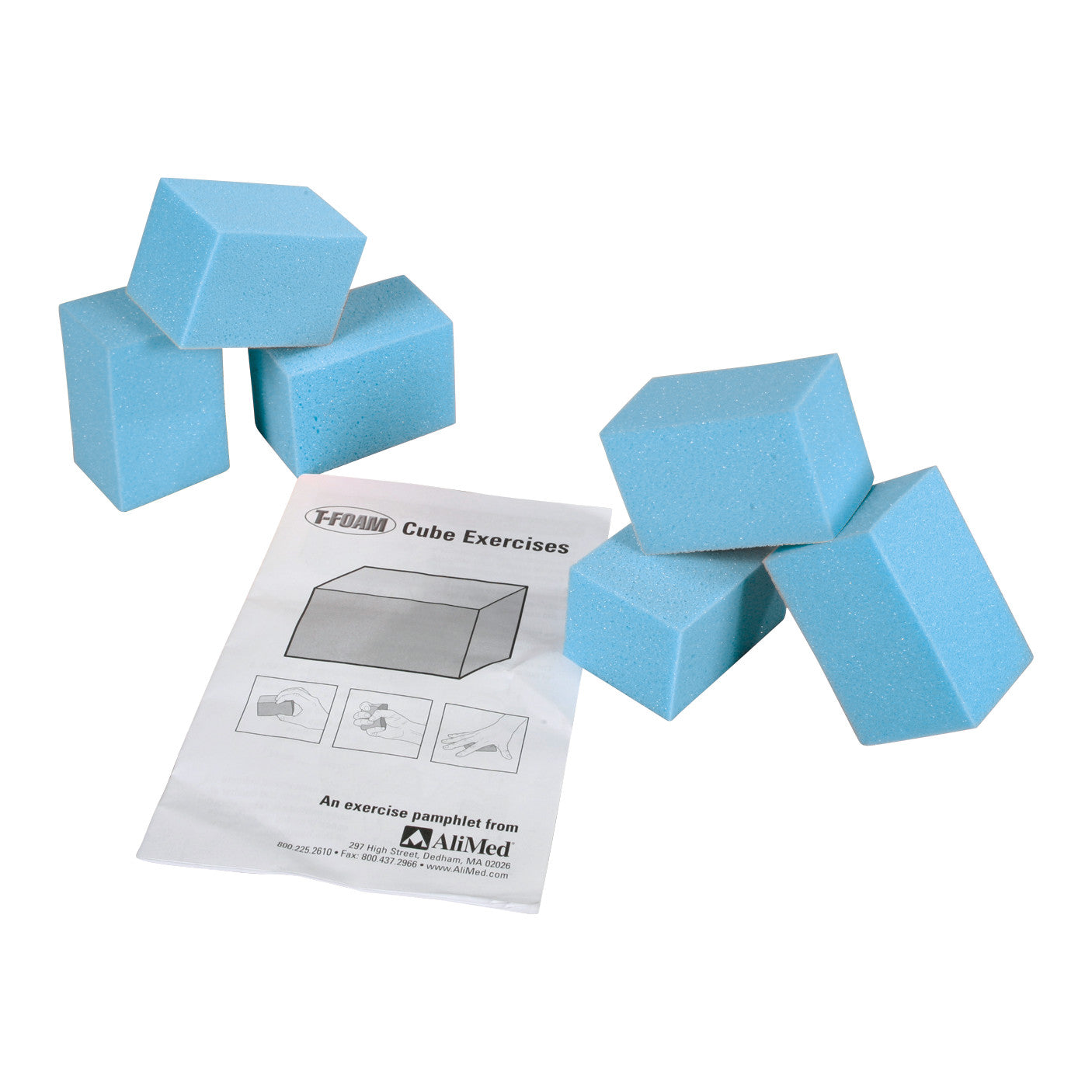 AliMed T-Foam Visco Cube exercise cubes are shown with an instruction pamphlet for hand exercises.