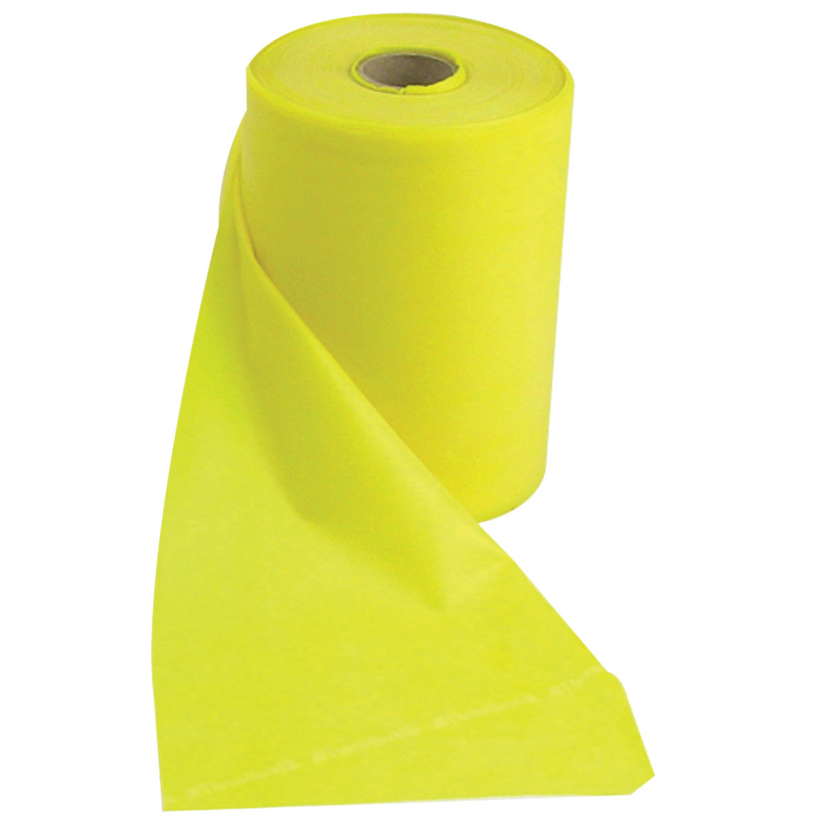 A roll of THERABAND Non-Latex Resistive Exercise Band in bright yellow, partially unrolled, showing its smooth surface.