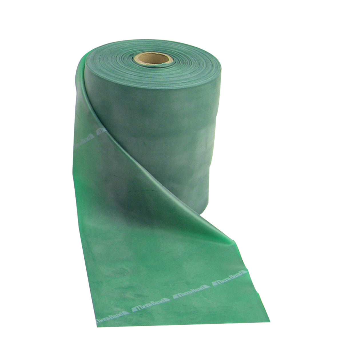 A green roll of THERABAND Non-Latex Resistive Exercise Band is partially unrolled, displaying its smooth texture.