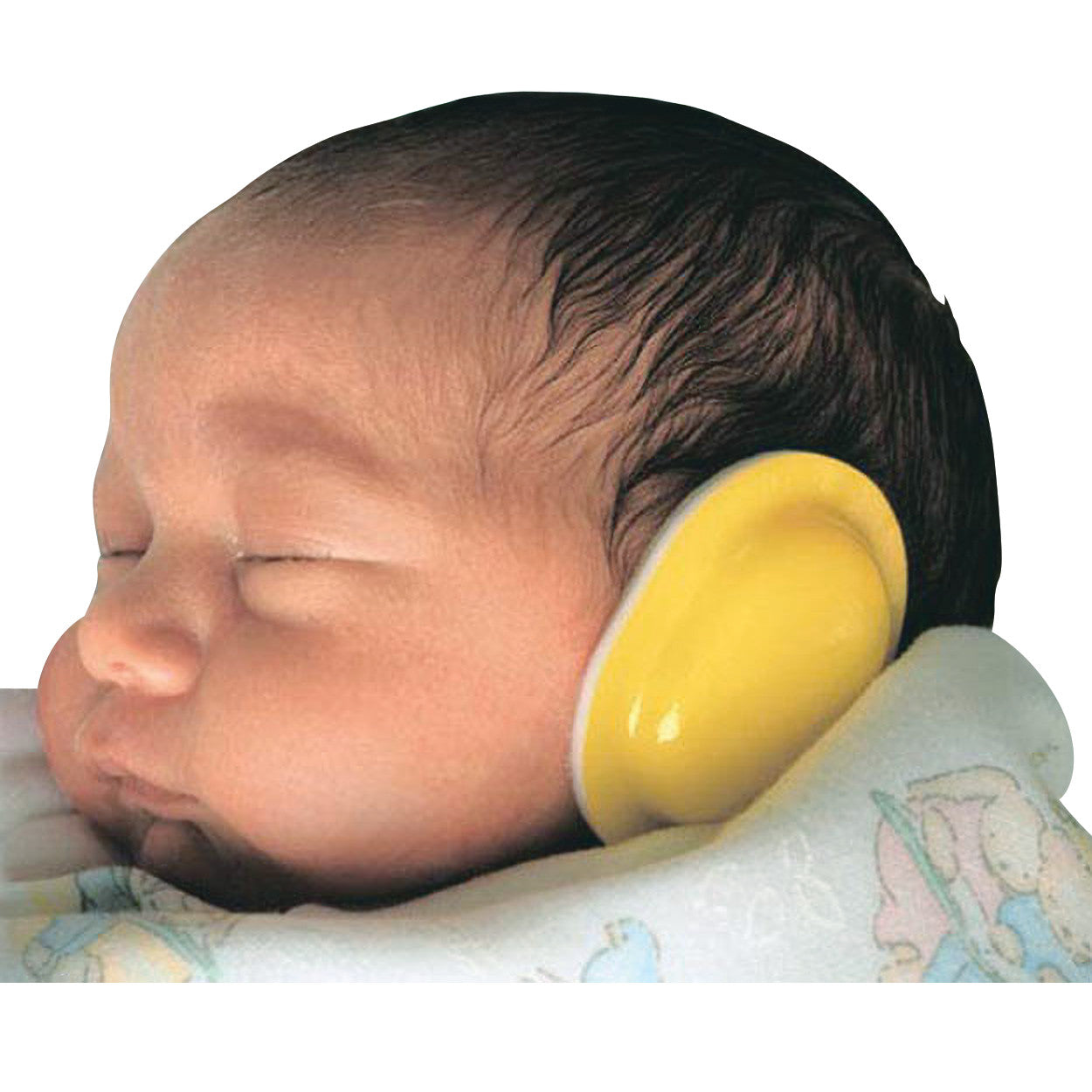 A sleeping baby wearing yellow Neonatal Noise Guard earmuffs, designed to protect infants' ears from loud noises.