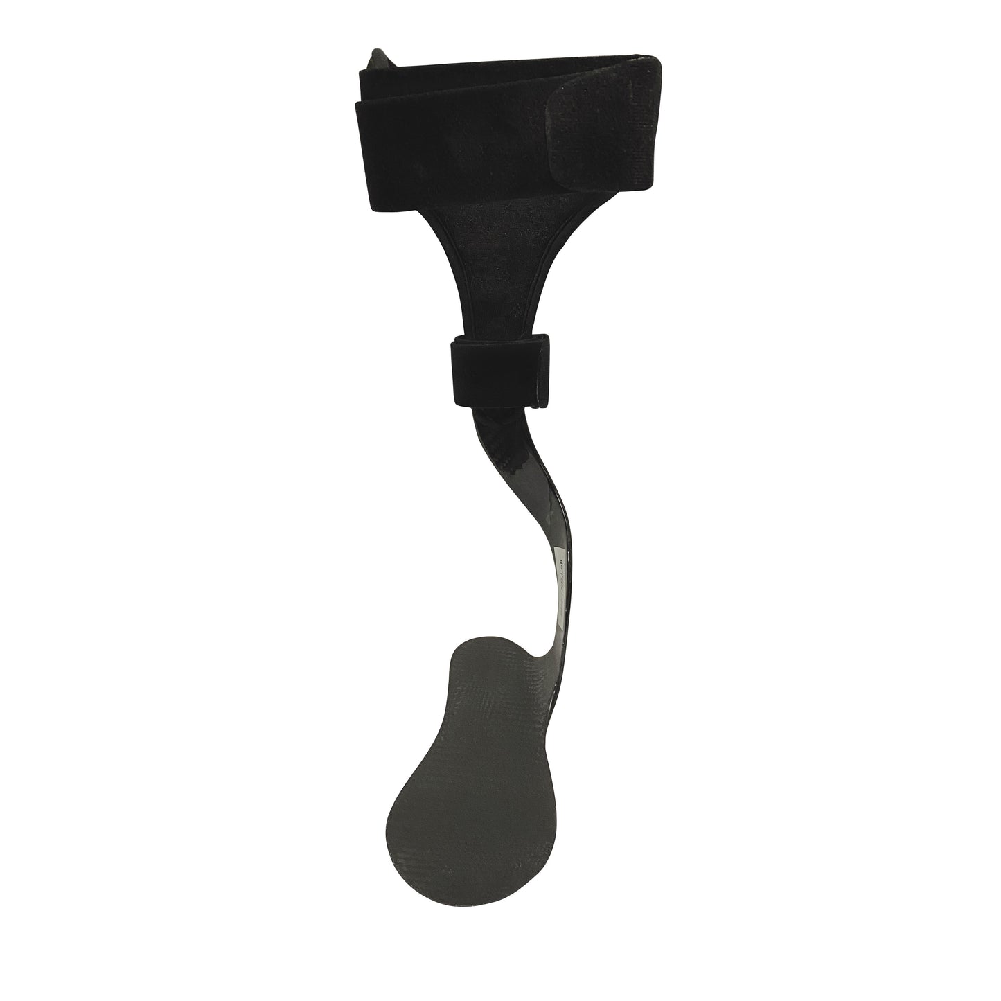 The AliMed Carbon Fiber Posterior Lateral Strut is a black orthotic device designed for support, with a curved footplate and adjustable strap.