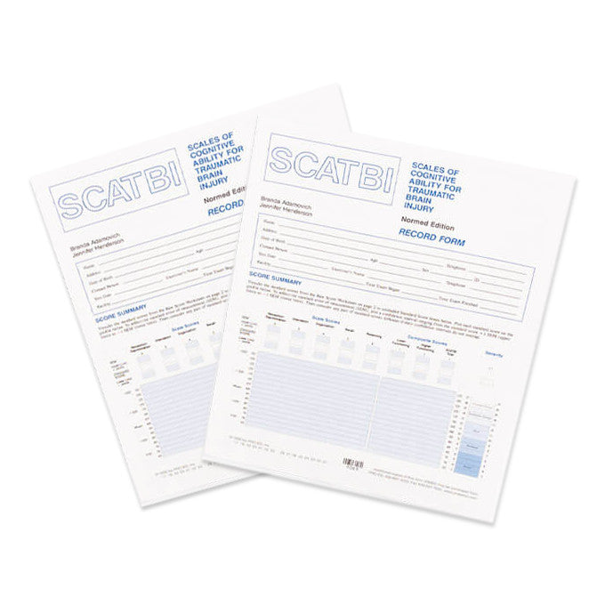 Record Forms for Scales of Cognitive Ability for Traumatic Brain Injury (SCATBI) featuring fields for personal information and score summary.