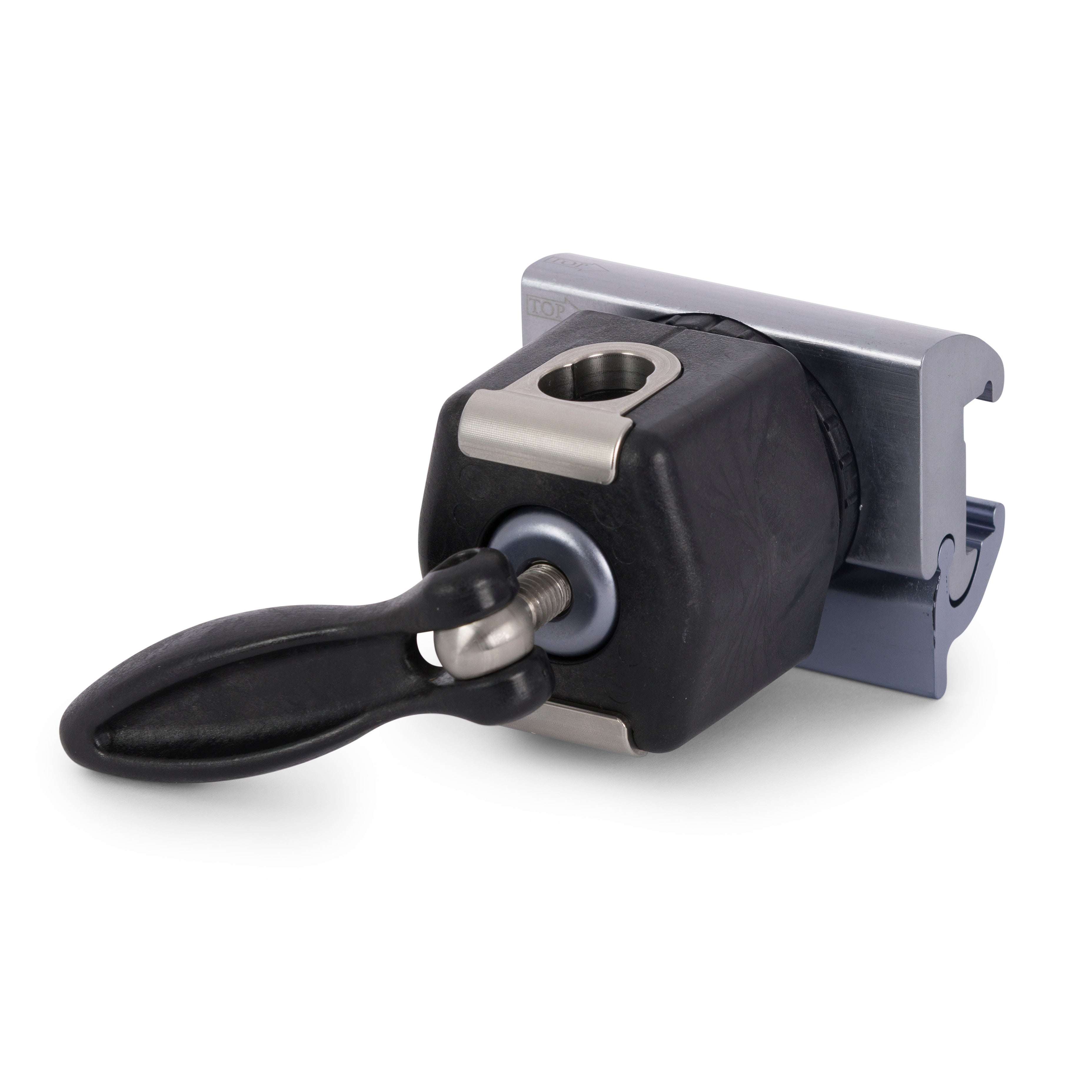 The Kyra SocketLok Clamp for E.U. Side Rail is a device with a black handle and silver accents for securing equipment to a rail.