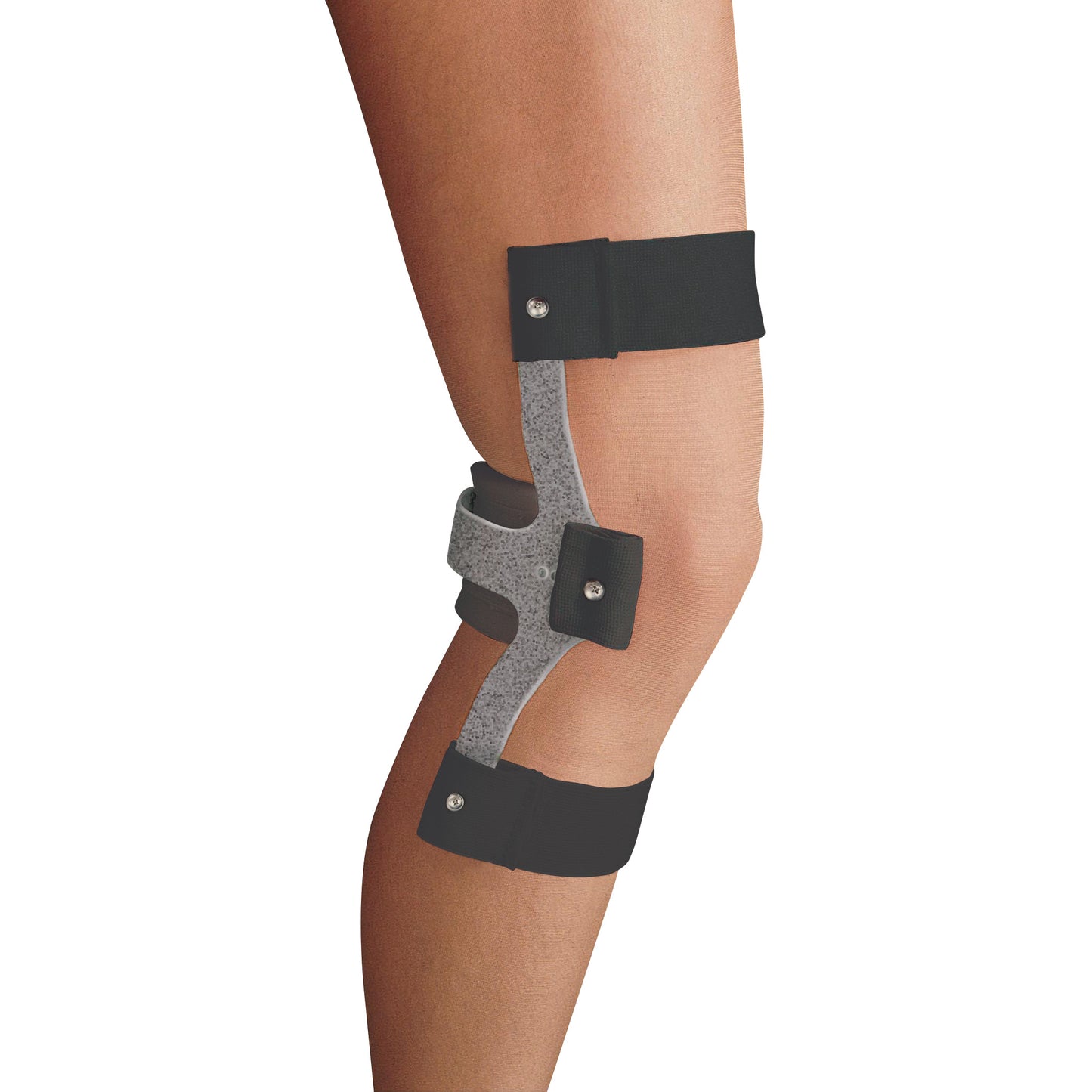 A person wearing a Trulife Swedish Knee Cage for support, featuring black straps and a metal frame around the knee.