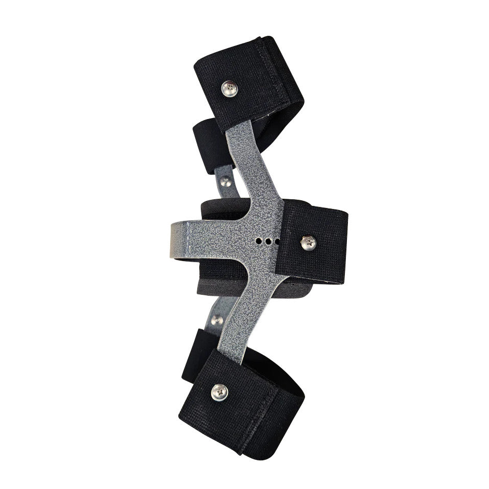 The Trulife Swedish Knee Cage, a metal knee brace with adjustable straps, supports motion control for patient rehabilitation.