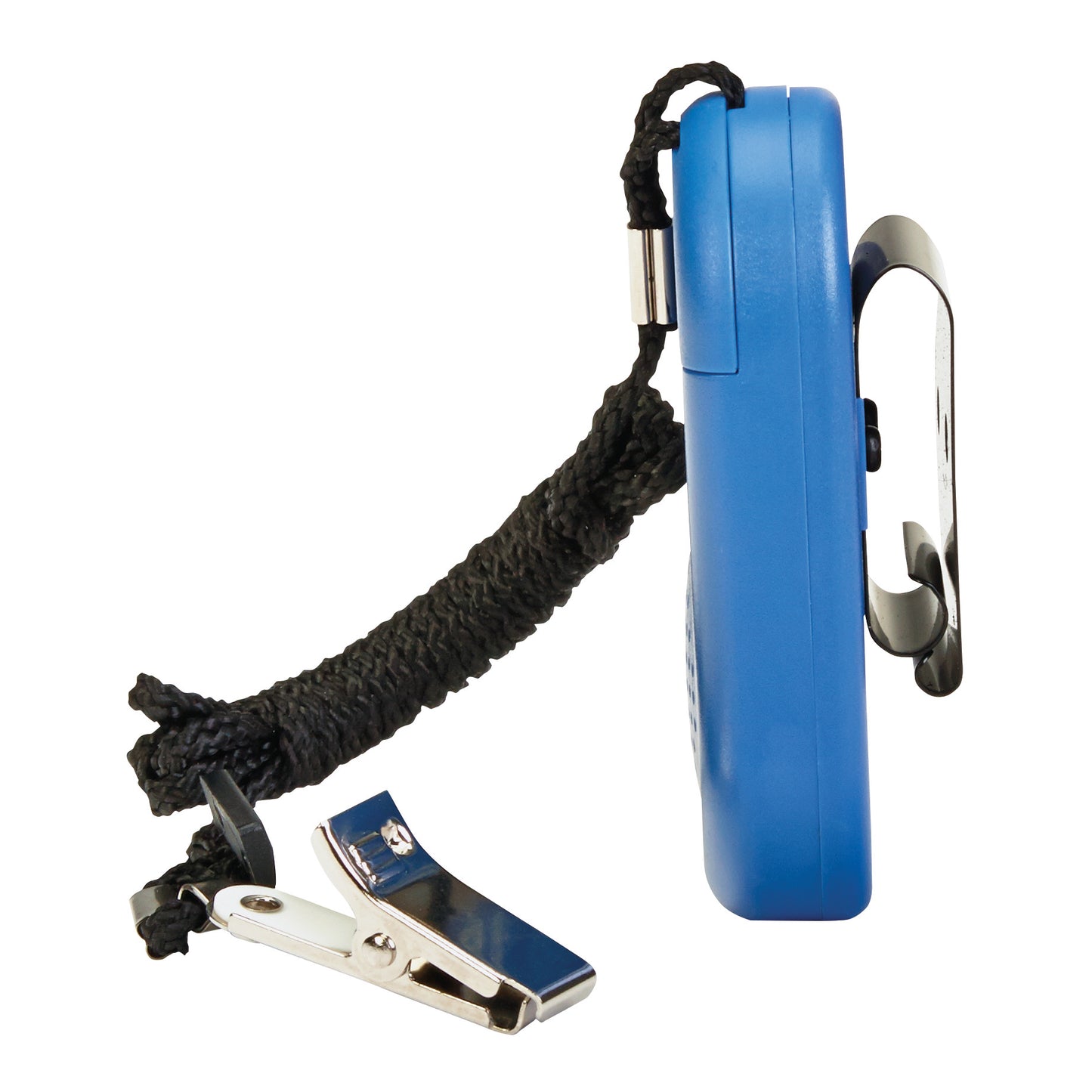 The side view of an AliMed Worry-Free Pull-Cord Alarm, featuring a blue body, cord, and attachment clip.