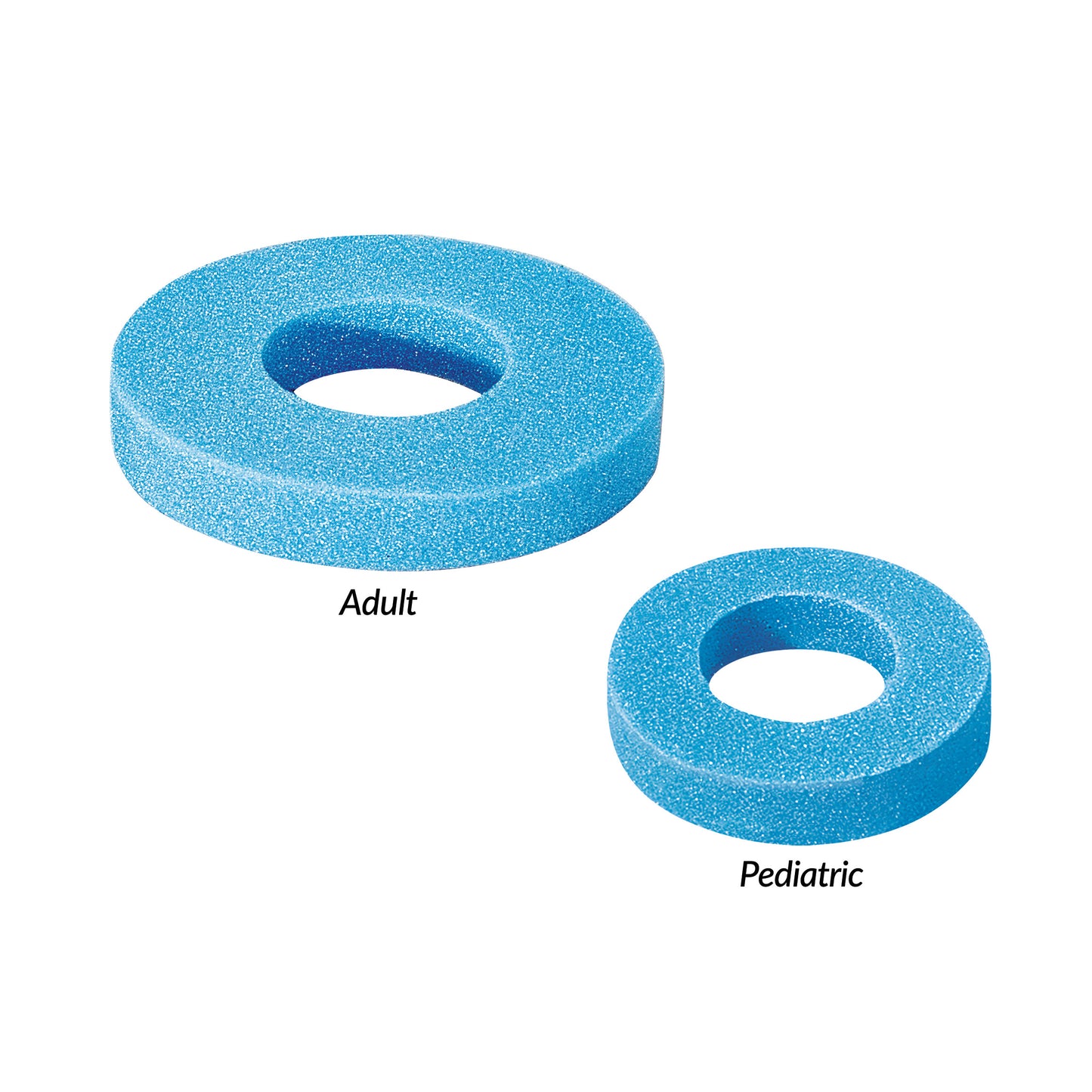 Two AliMed Disposable Foam Head Donuts, adult and pediatric sizes, in blue with central holes, displayed on a white background.