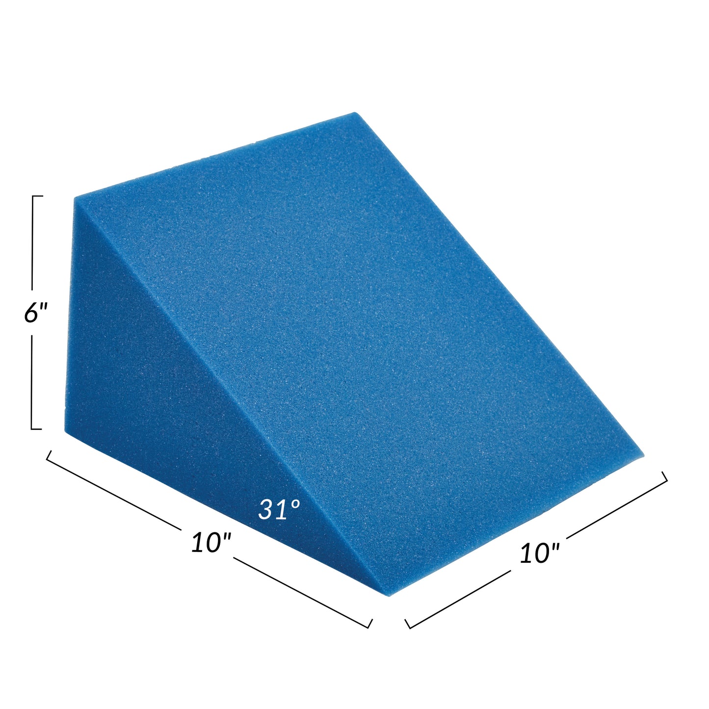 Blue AliMed Uncovered Polyfoam 31 Degree Medium Wedge Positioner with dimensions: 6" height, 10" width, and 10" depth.