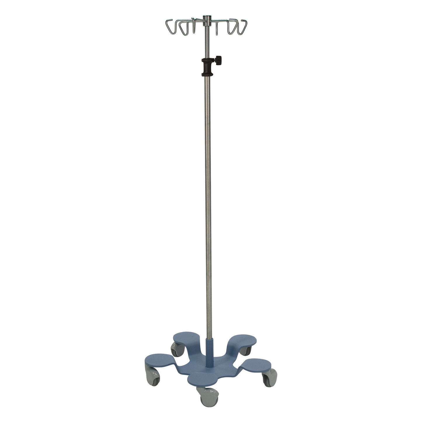 The Pedigo Infusion Pump Stand features a metal pole with multiple hooks and five wheels on a blue base for stability and mobility.