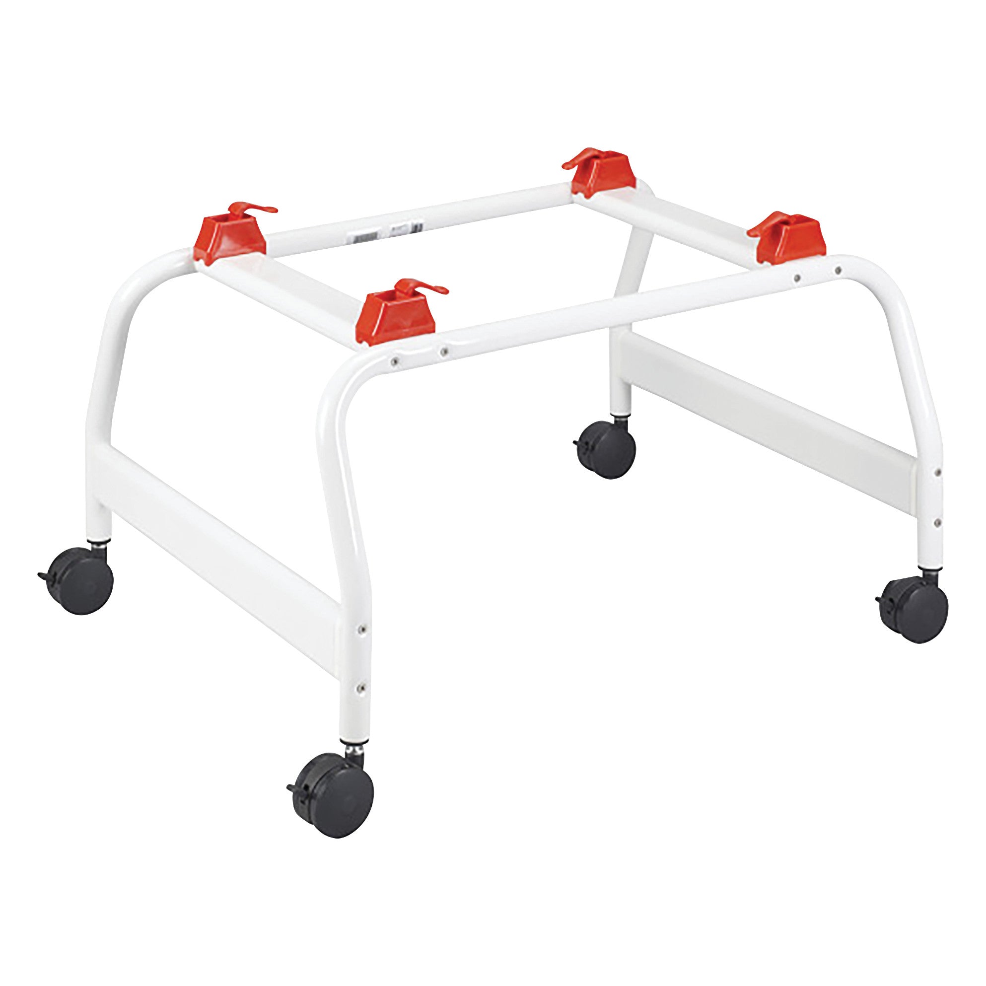 A white Shower Stand for Drive Medical Otter Pediatric Bathing System with red clamps and four black caster wheels.