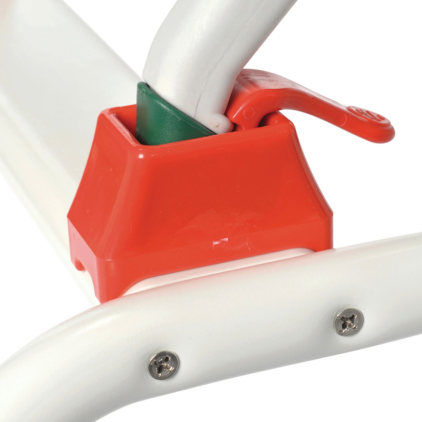 Close-up of a red and white connector on the Shower Stand for Drive Medical Otter Pediatric Bathing System, showing screws and a green insert.