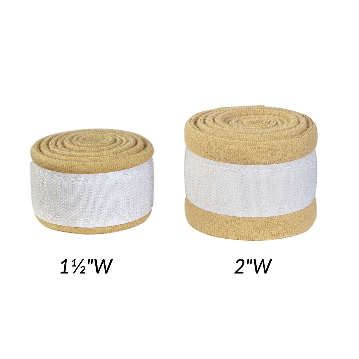 Two rolled AliMed AliStrap Soft Precut Patient Safety Straps, one 1 1/2 inches wide and the other 2 inches wide, wrapped with white bands.