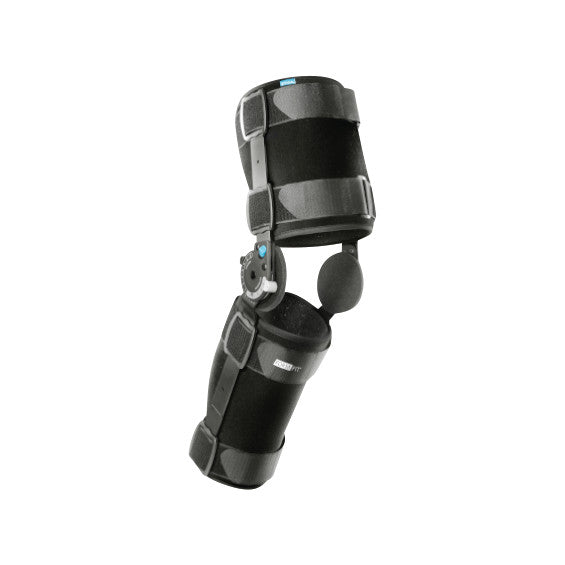 The Ossur Formfit Post-Op Knee Brace with Full Liner features adjustable straps and hinges for post-surgery knee support.