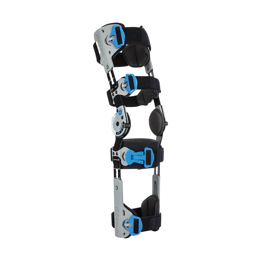�ssur Rebound Post-Op Knee Brace with Cool Liner, featuring adjustable blue straps and hinges, designed for knee support and recovery.