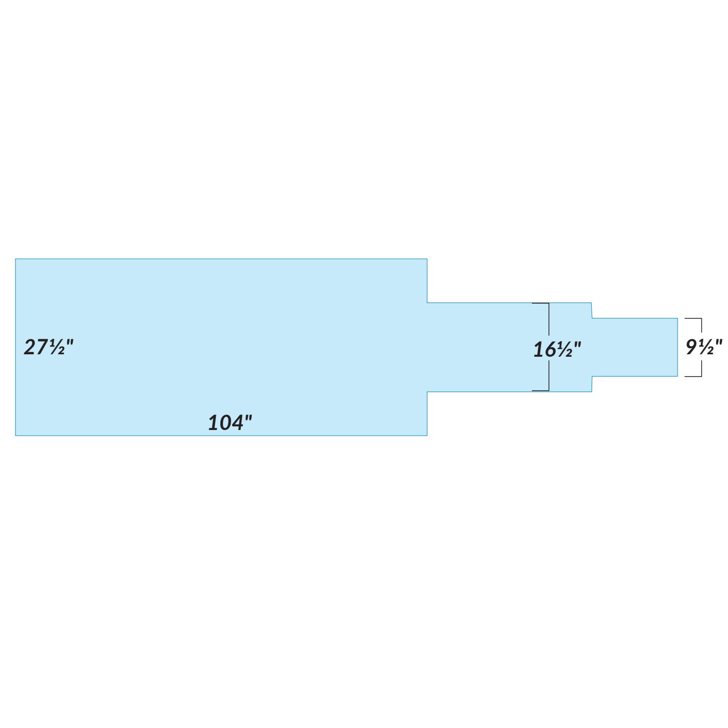 Blue technical drawing of the AliMed Support Surface for Toshiba Cat 250 Imaging Table. Dimensions: 104" x 27 1/2", 16 1/2", and 9 1/2".
