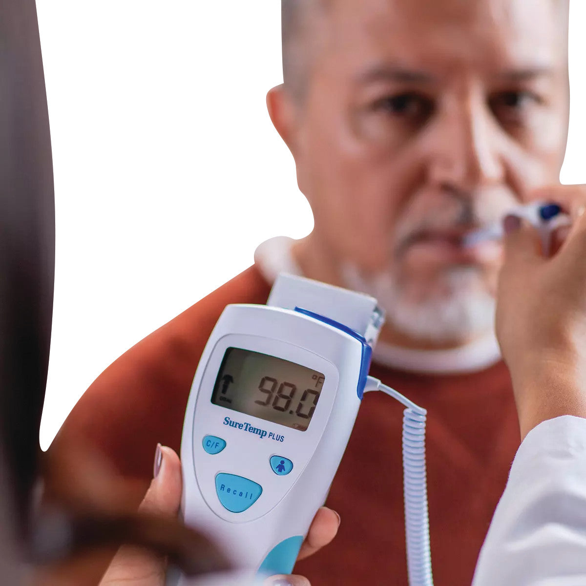 A person uses a Welch Allyn SureTemp Plus 690 Electronic Thermometer, for an oral temperature reading.