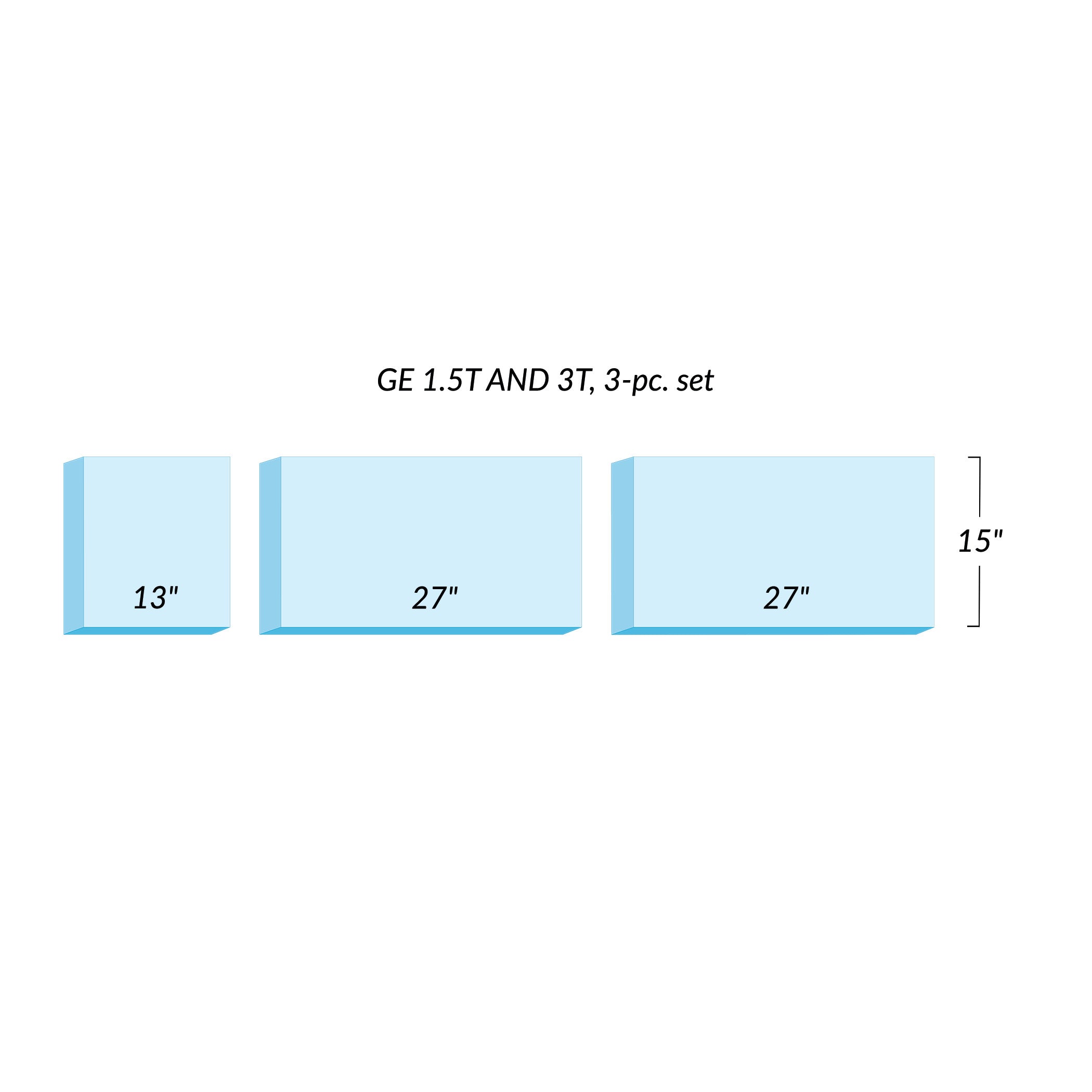 AliMed Support Surface for GE 1.5T/3T MRI Tables, 3-piece set; dimensions: 13", 27", and 27" wide, all 15" high.