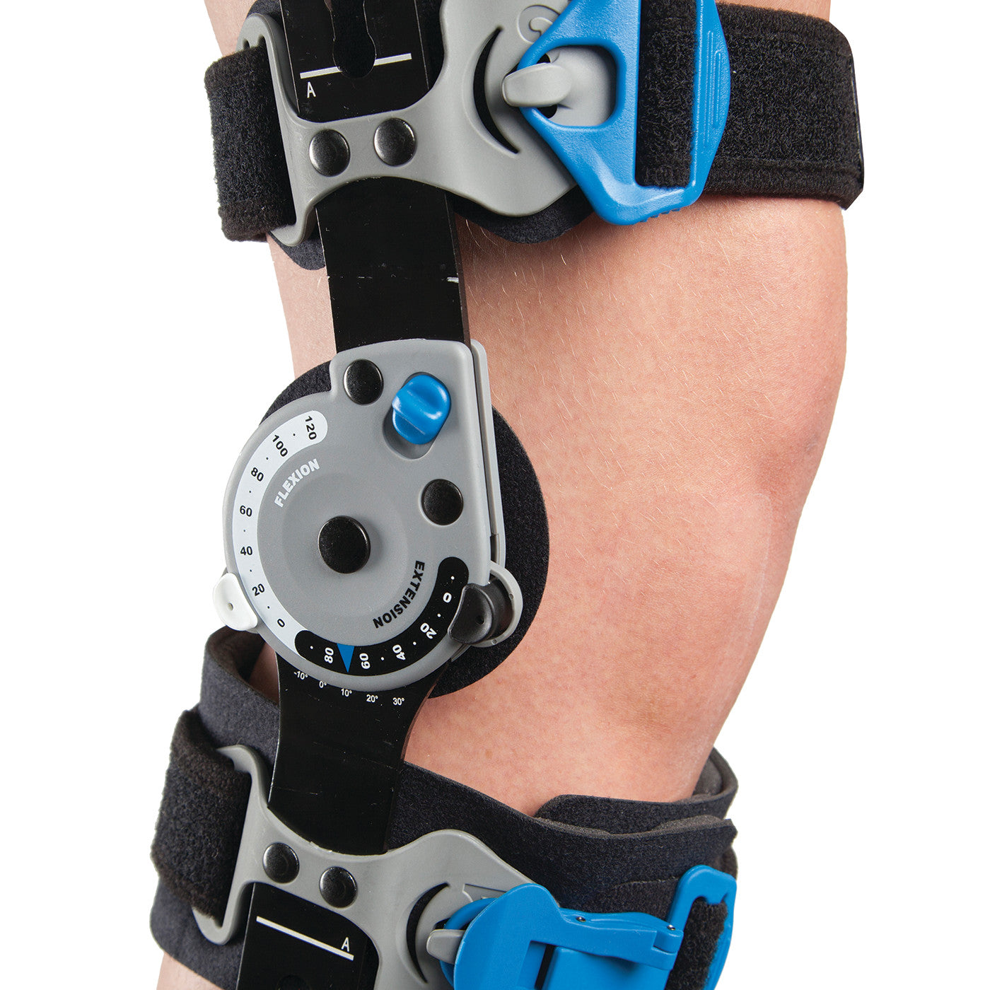 The Ossur Rebound Post-Op Knee Brace with Full Liner features adjustable dials and black straps on a person's leg.