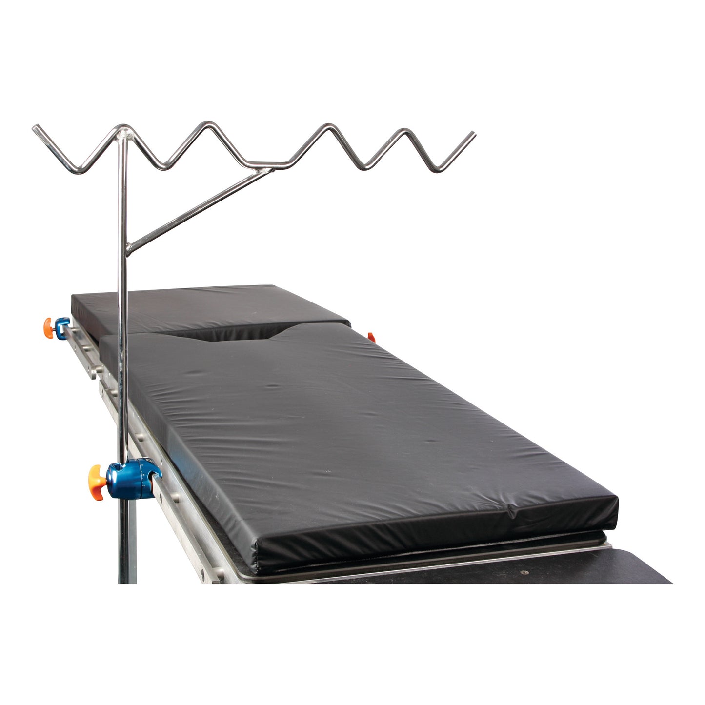 AliMed Standard Picket Fence Leg Prepper features a padded black surface with a zigzag metal rail for positioning.