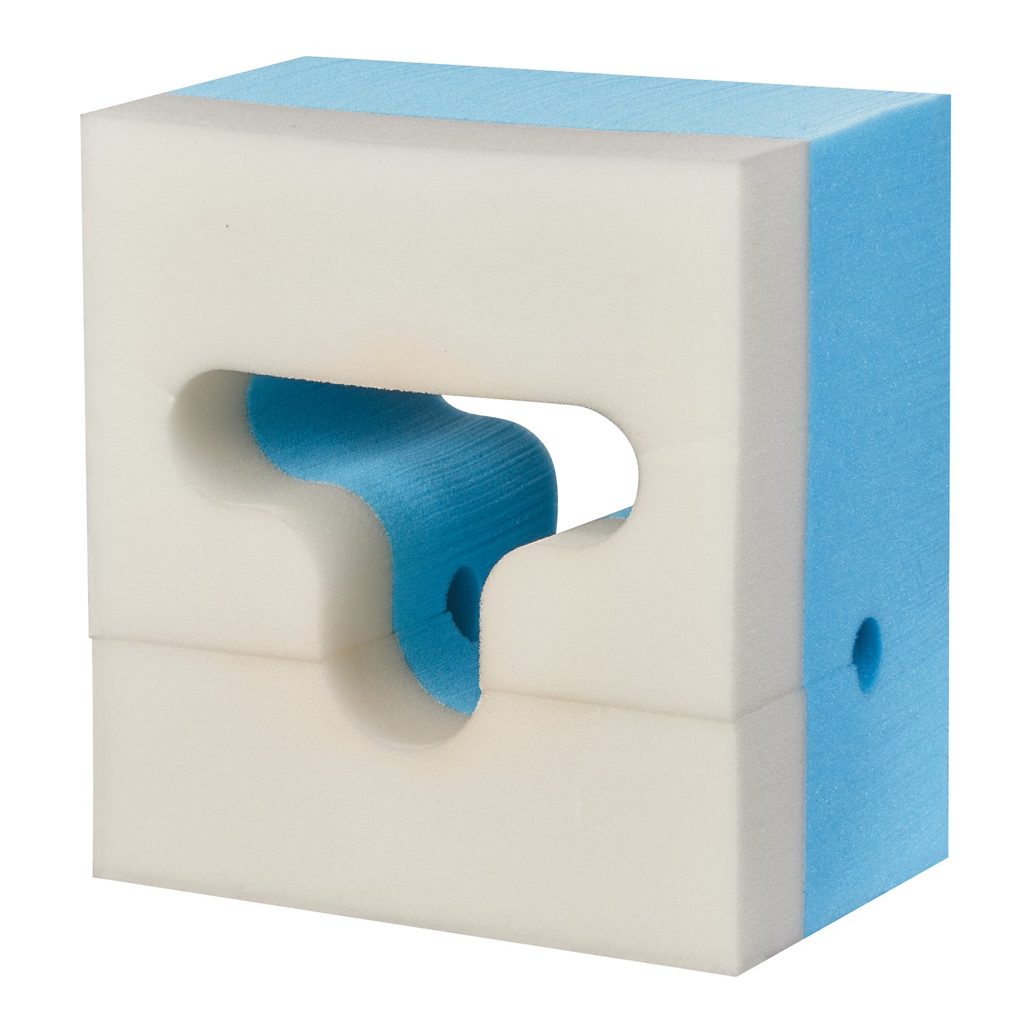 The AliMed AliSoft Head Positioner is a blue and white foam block with a contoured cutout designed for head stabilization.