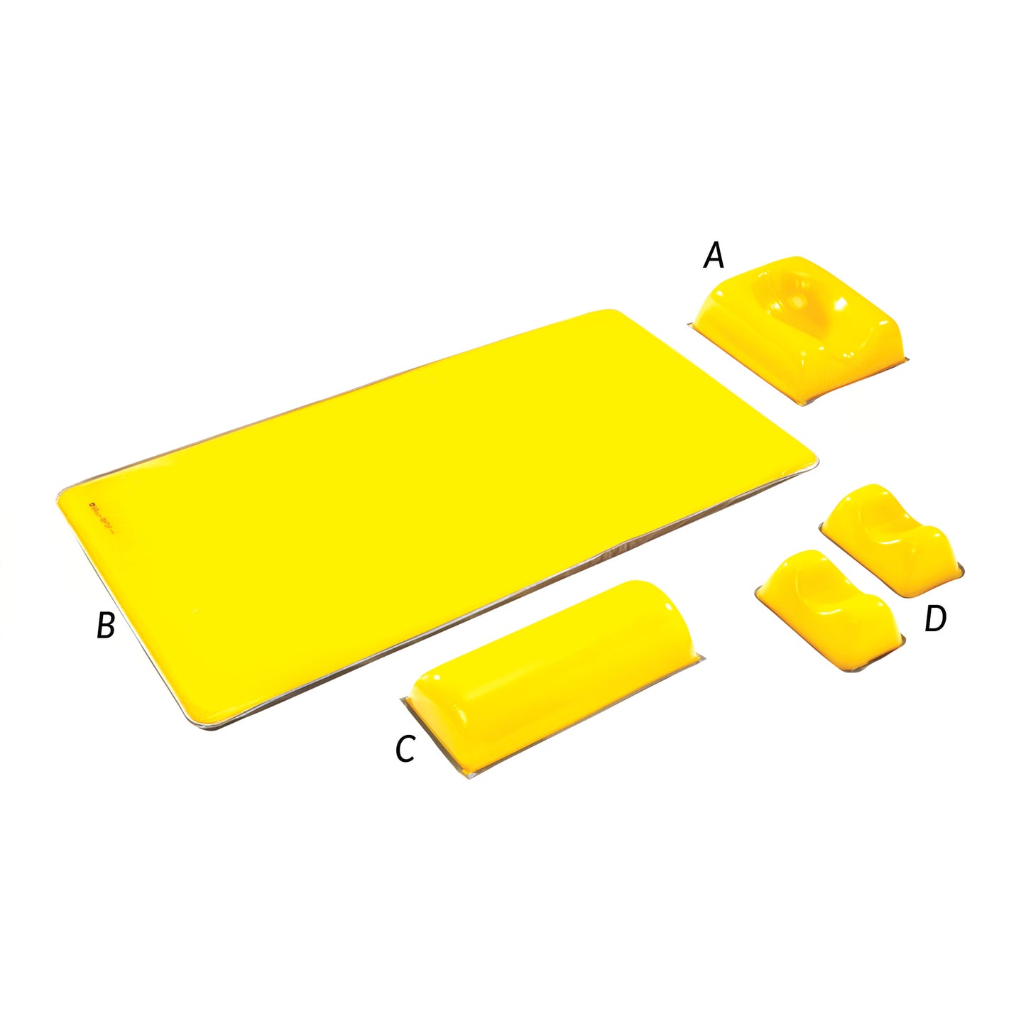The AliMed AliLite Cardiovascular Positioning Set, featuring yellow foam pads labeled A, B, C, and D in various shapes.