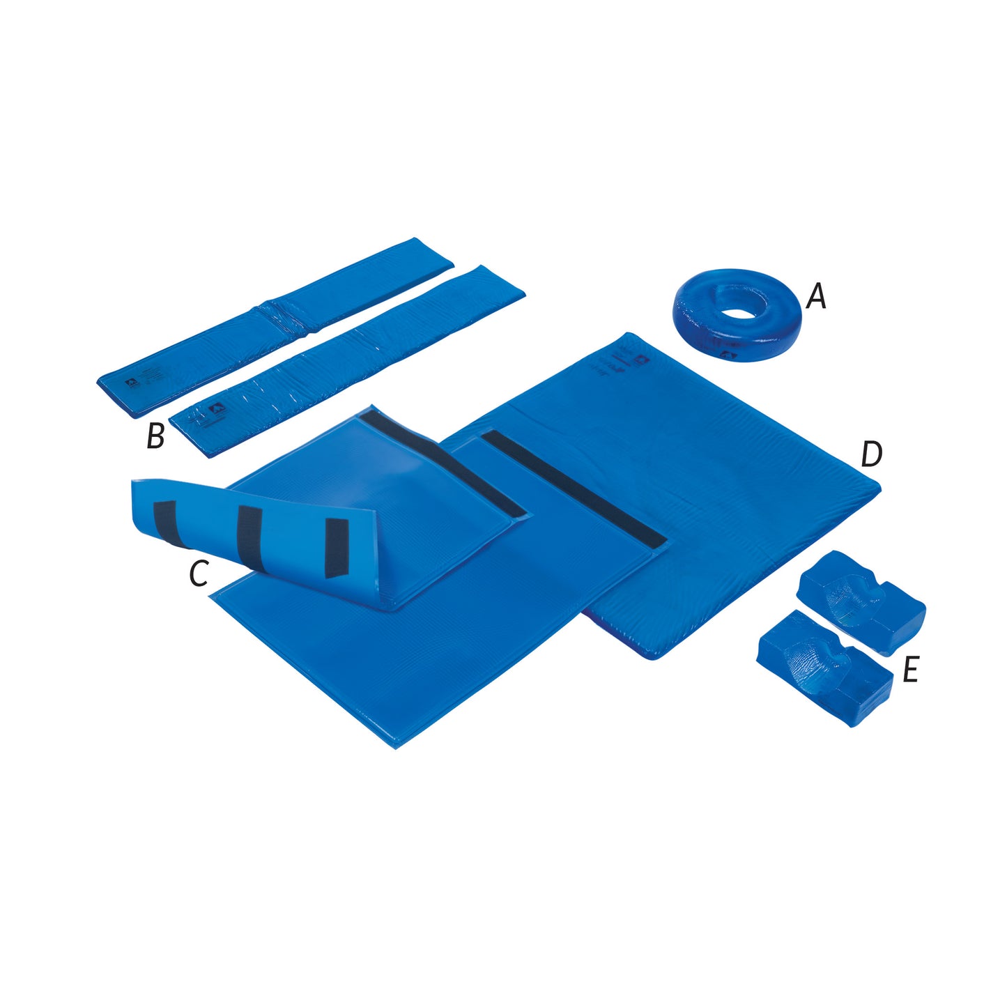 The image displays the AliMed AliBlue Gel Basic Positioning Set. It includes cushion pads and supports labeled A to E, all i.