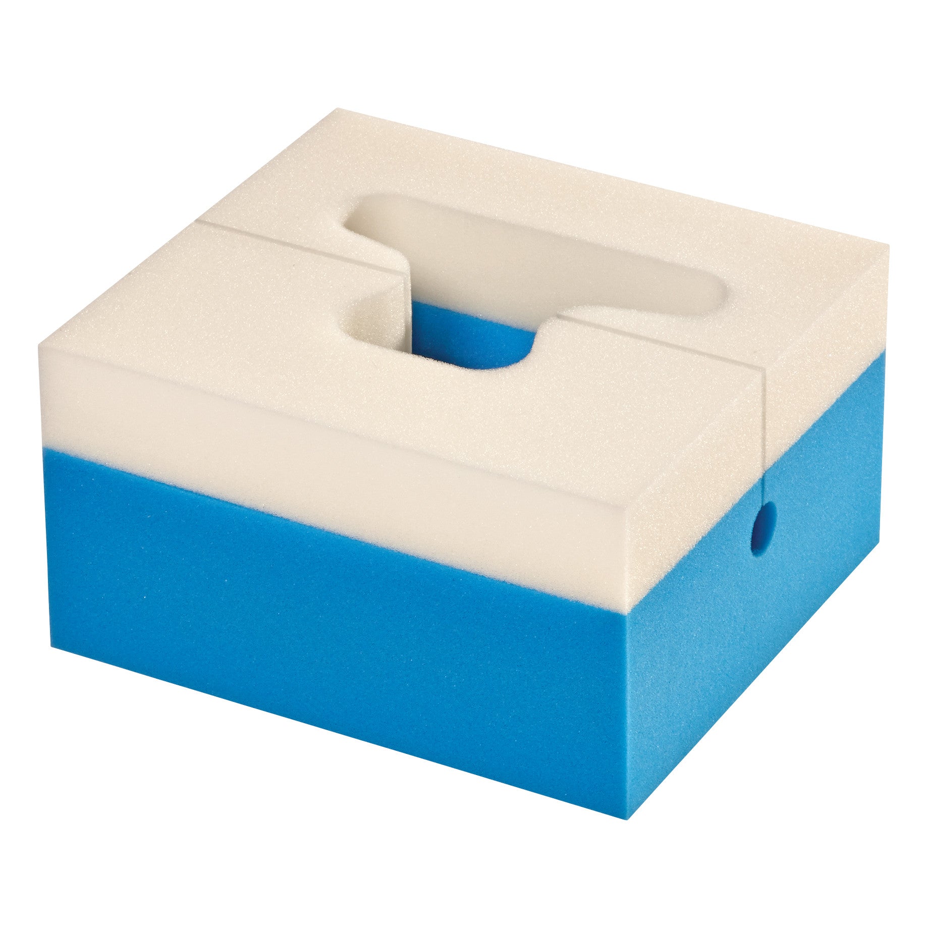 The AliMed AliSoft Head Positioner is a blue and white foam block with a head-shaped indentation for secure positioning.