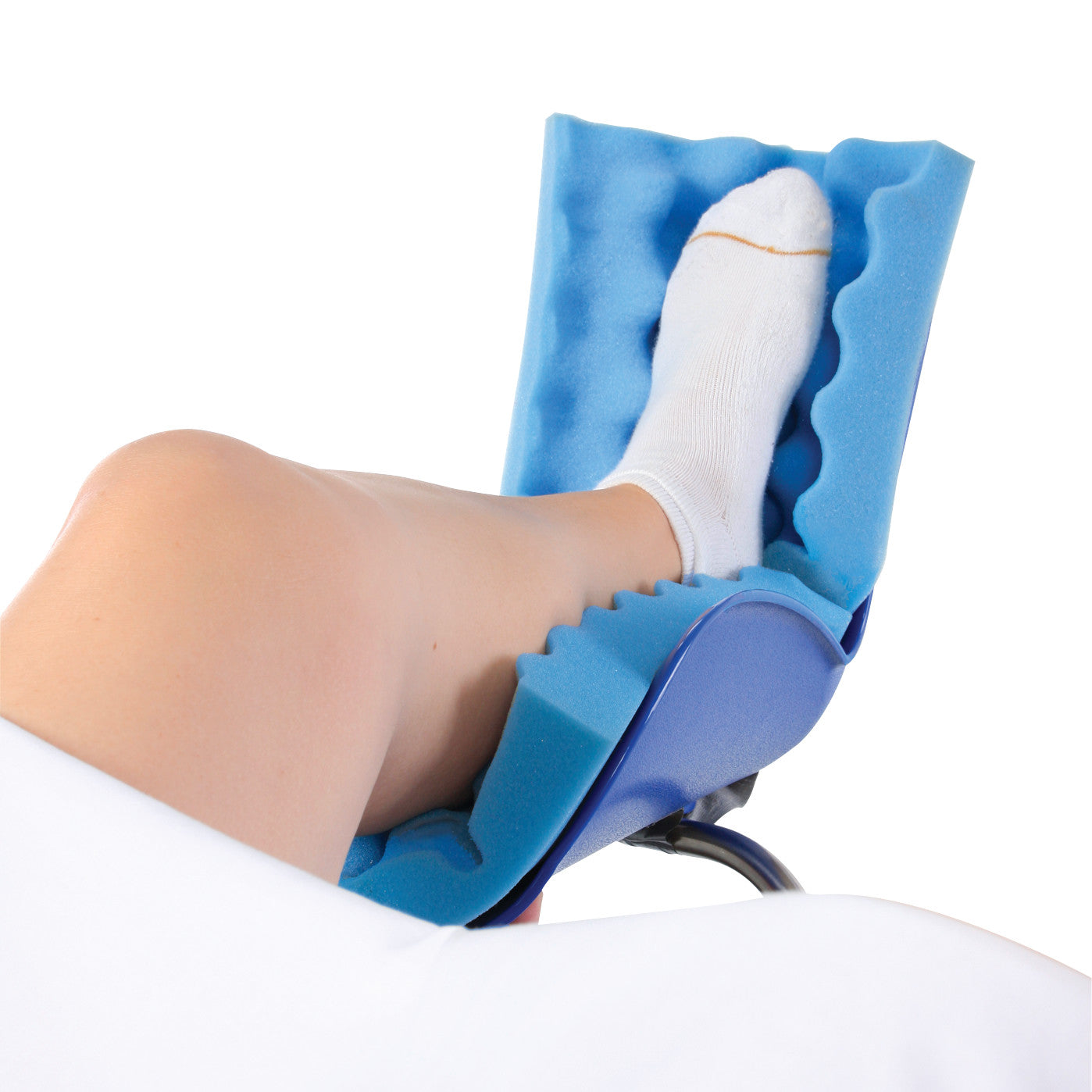 Person using the AliMed Disposable Foam Lithotomy Boot Pad, which is blue with a textured design, supporting their foot.