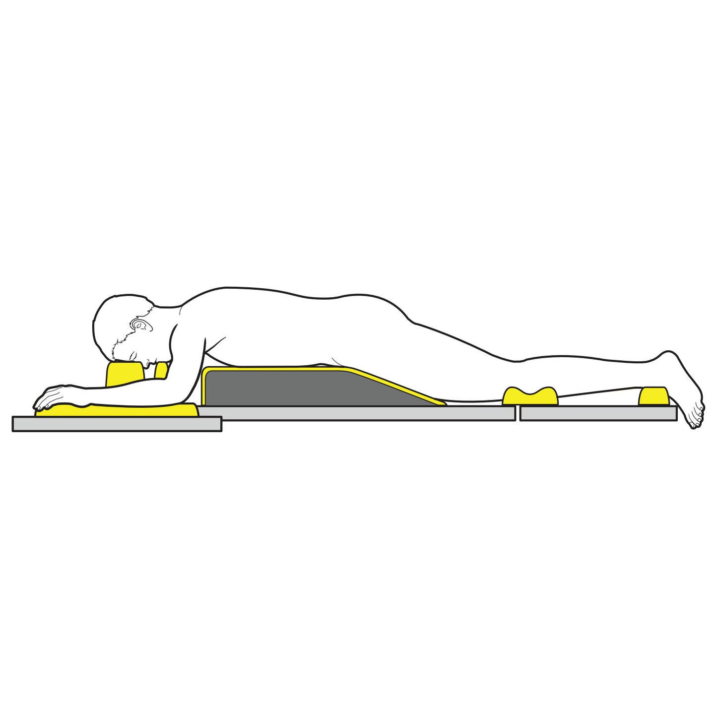 A person is lying face down on an AliMed AliLite Prone Positioning Set, using yellow foam supports for head, chest, pelvis, and feet.