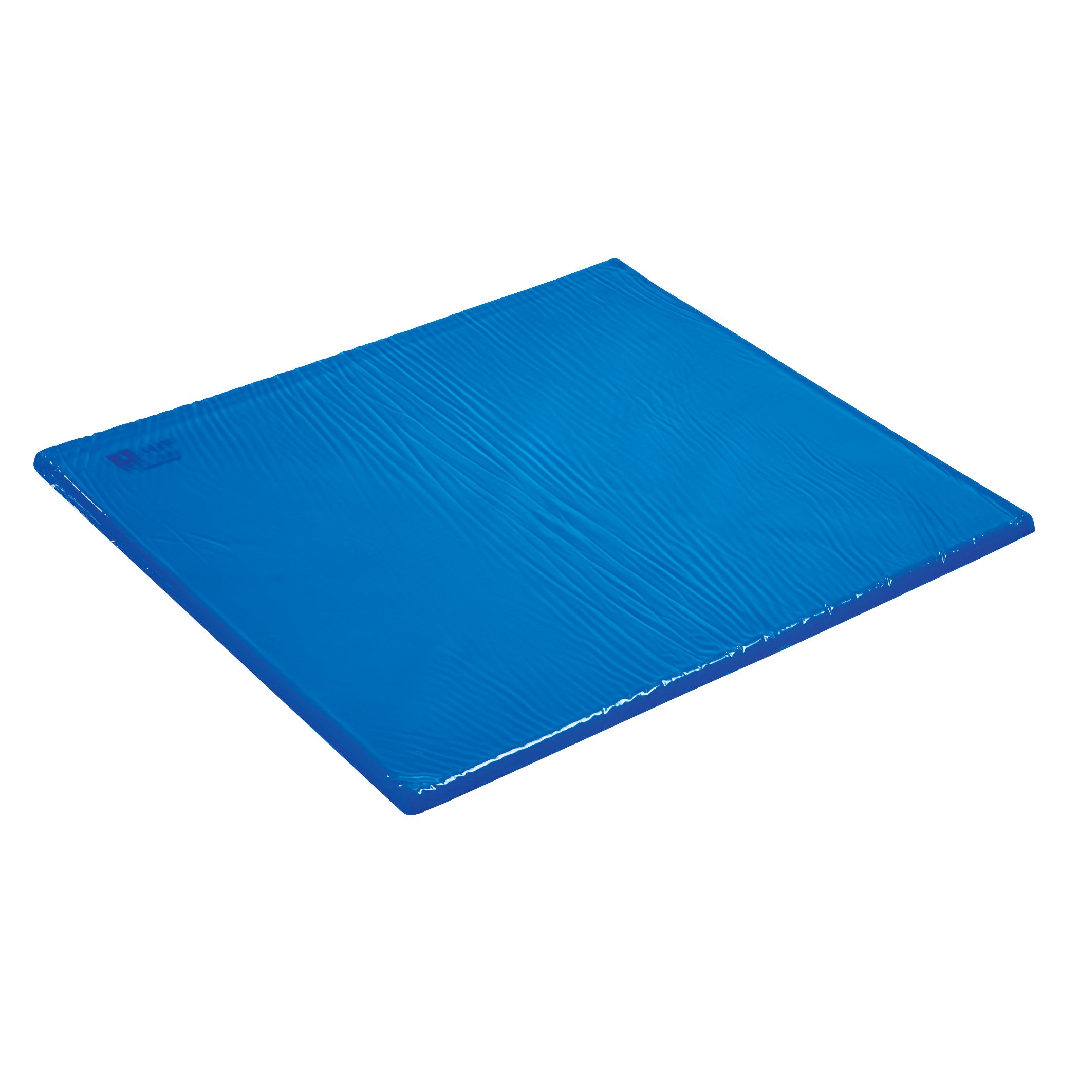 The image depicts an AliMed AliBlue Gel Mayo Stand Cover, which is a large, flat, rectangular blue cushion designed for medical use.