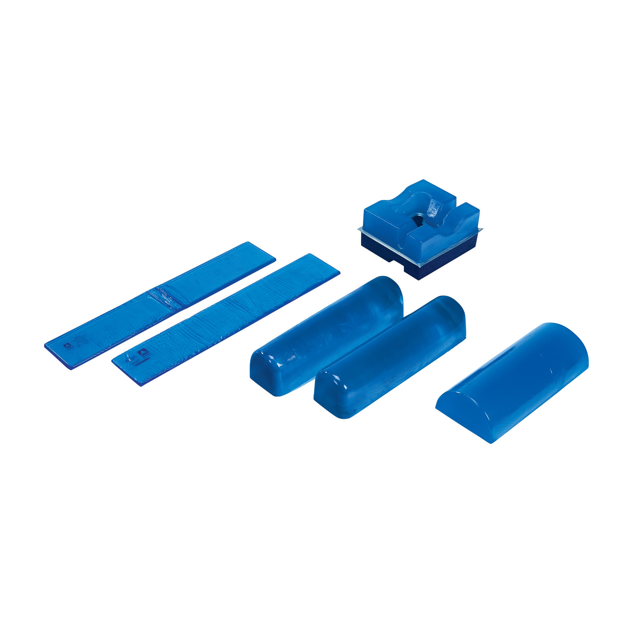 AliMed AliBlue Gel Prone Positioning Set includes various blue gel pads for positioning, featuring cylindrical and rectangular shapes.