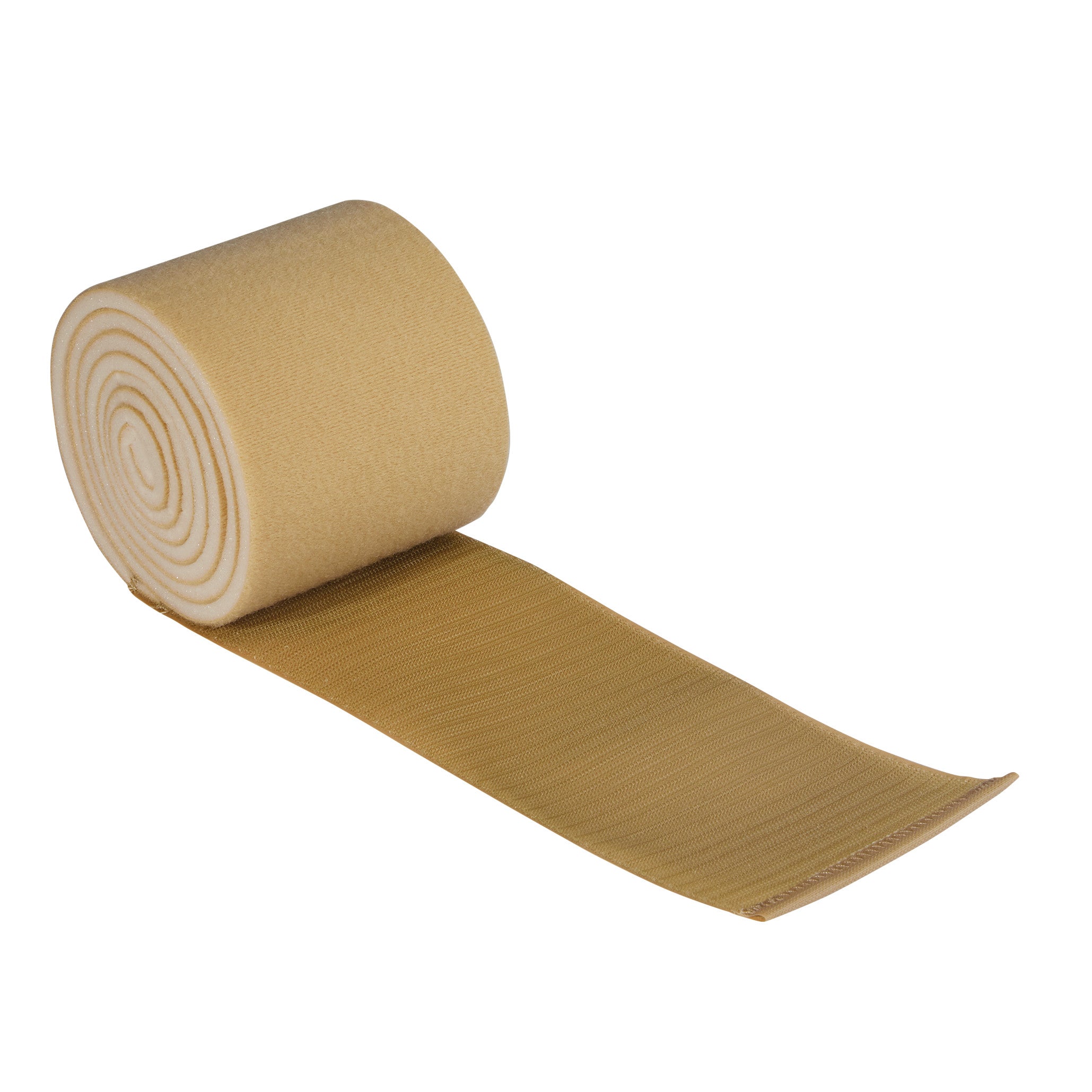 A rolled, beige AliMed Universal Econo-Strap, partially unrolled, showing its ribbed texture and soft material, against a white background.