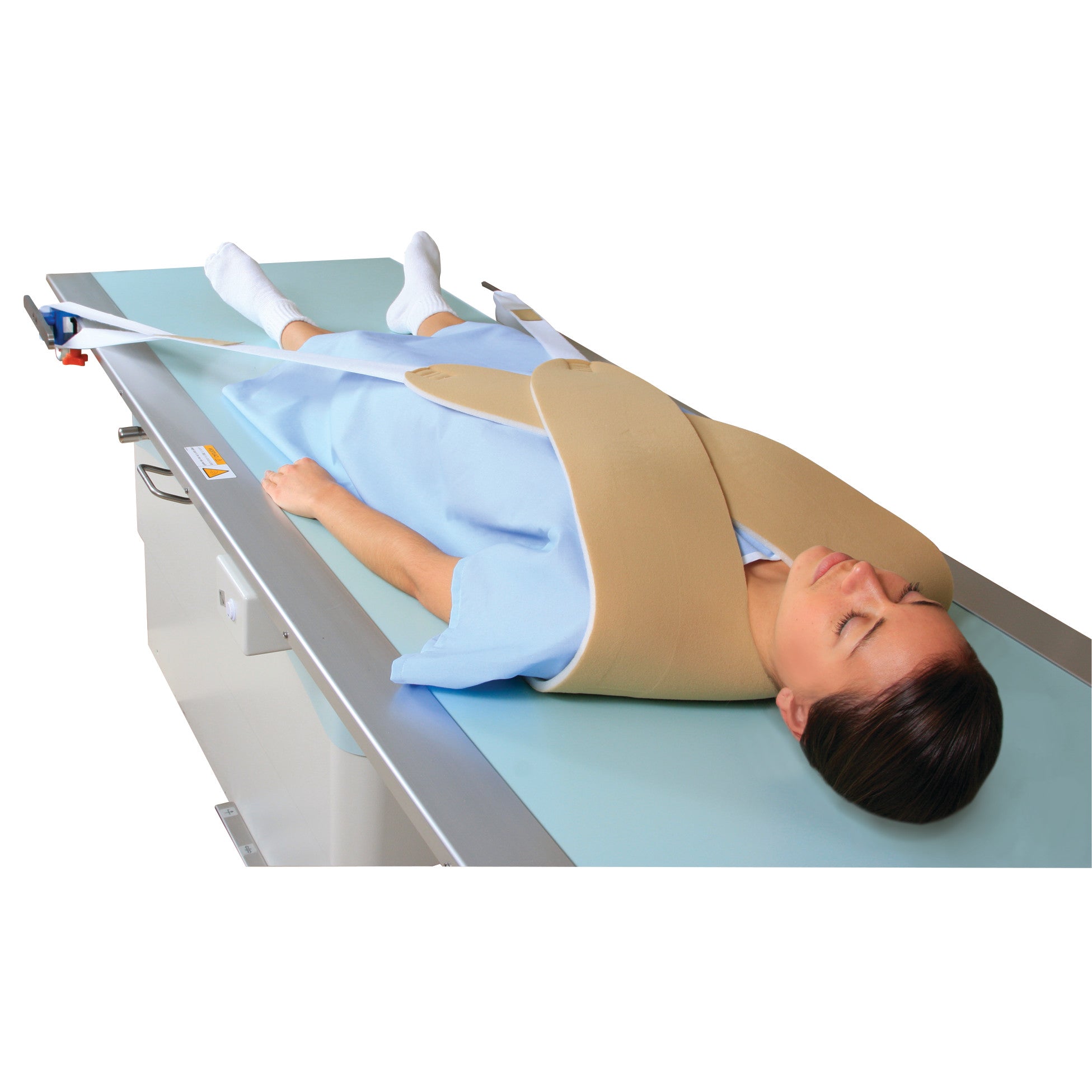 A person lies on a table wearing the AliMed Cervical Visualization Harness, designed to support the neck during medical imaging.
