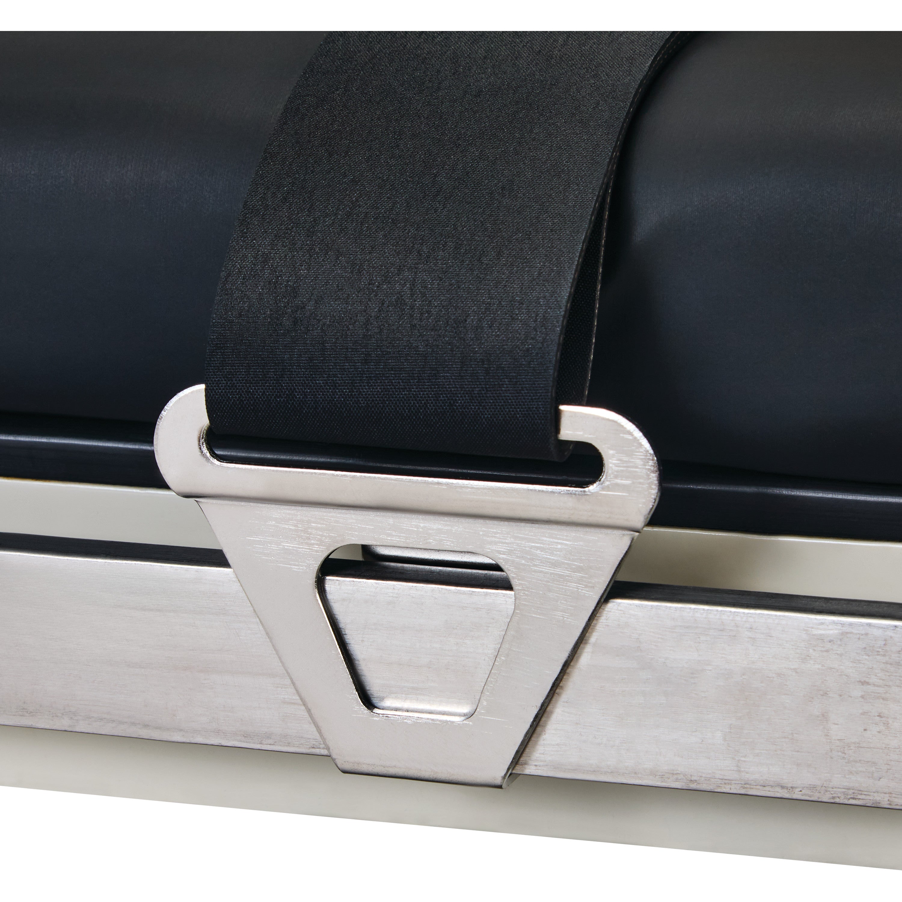 Close-up of an AliMed Strap Hook securing a black strap on a metallic surface. The hook is silver and triangular in shape.