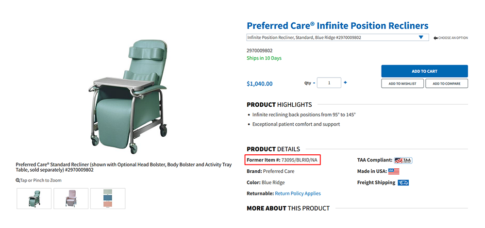 Former item display on product details page