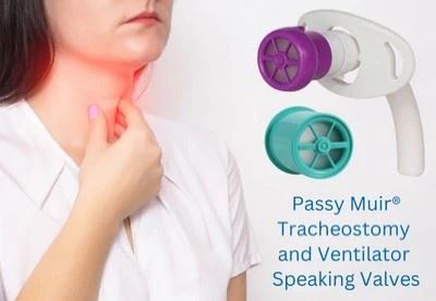 woman holding throat pain point with passy muir products