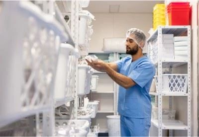 nurse getting supplies from storage