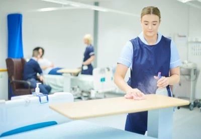 nurse spraying and wiping down surface