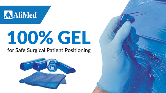 Image showing a group shot of AliBlue Gel Patient Positioners and a hand holding a gel overlay. Text reads "100% gel for safe surgical patient positioning