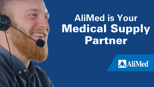 Male customer service agent with a microphone is shown with text reading "AliMed is your Medical Supply Partner."