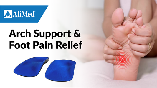 Pair of Blue Accommodator Insoles and a person rubbing a painful area on their foot. Text reads: Arch Support and Foot Pain Relief. 