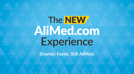 Blue textured background with text reading "The New Alimed.com Experience."
