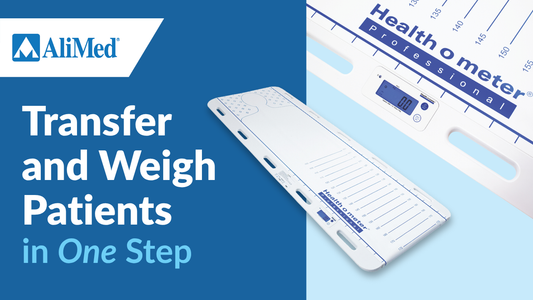 Heath o meter Patient Transfer Scale  with text reading " Weigh Patients Safety & Accurately"