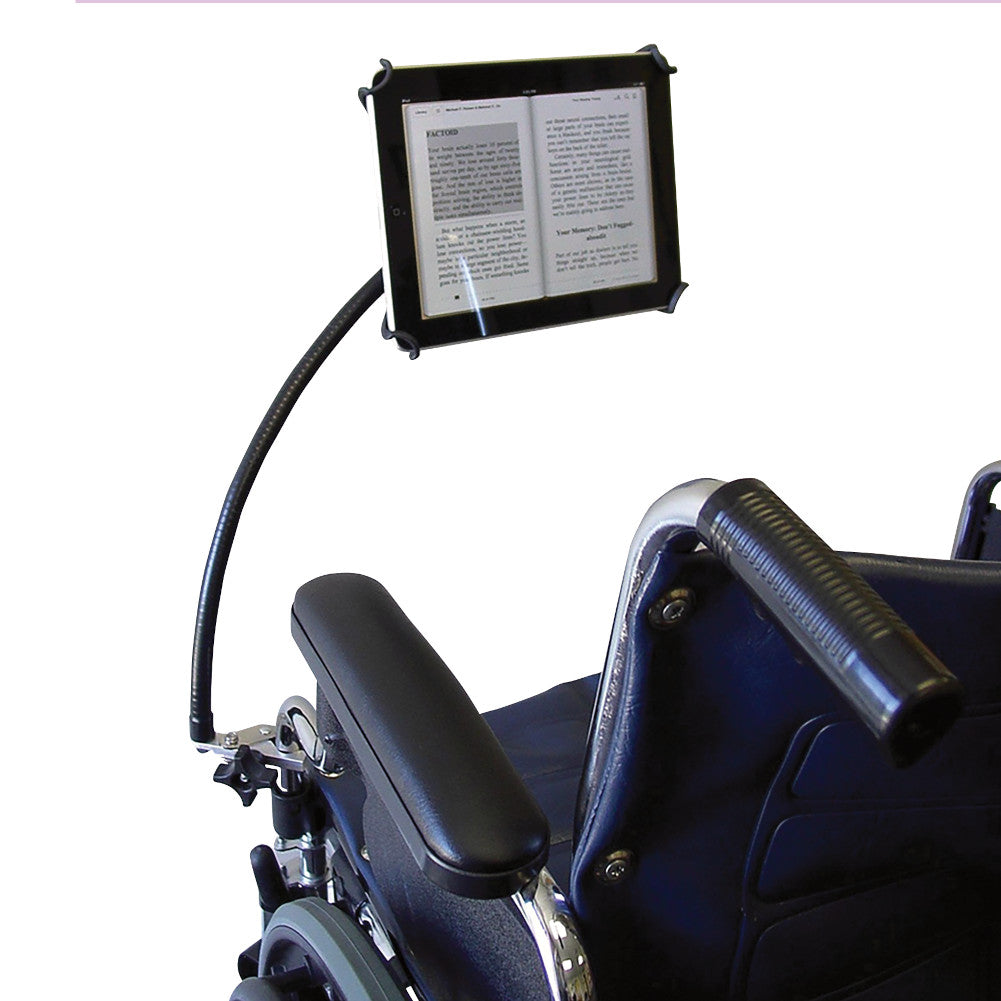 tab grabber attached to wheelchair with digital book secured into tab grabber