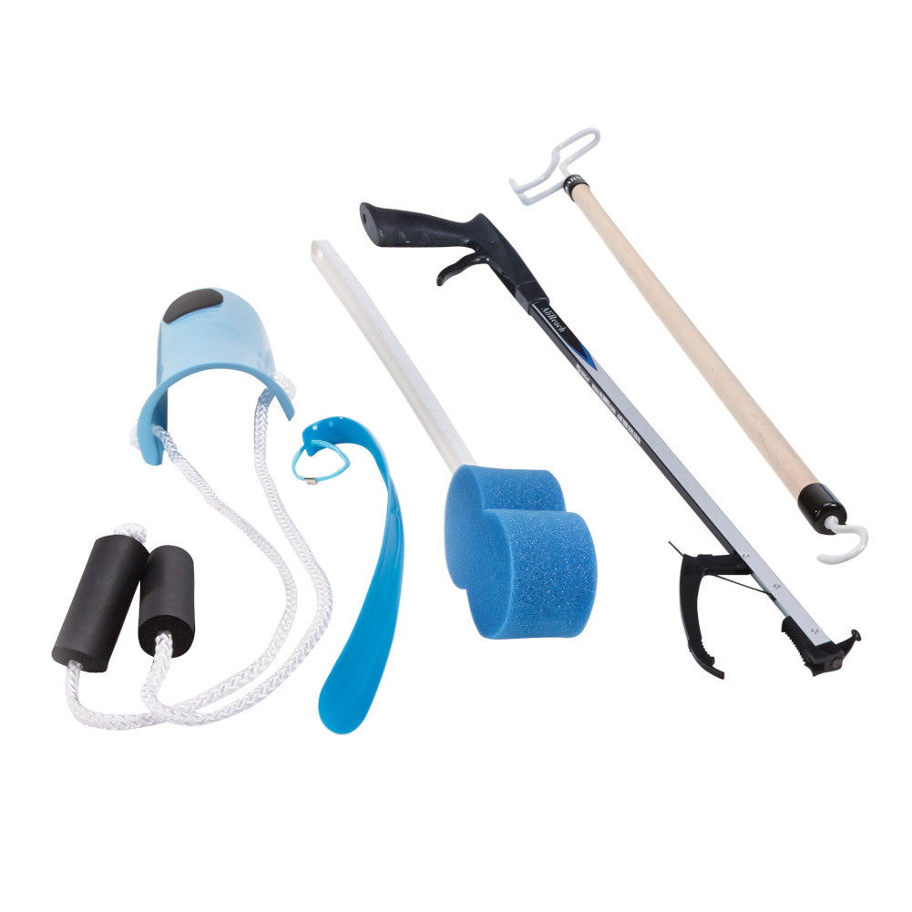economy hip and knee kit with shoehorn, sponge, reacher, and dressing hook